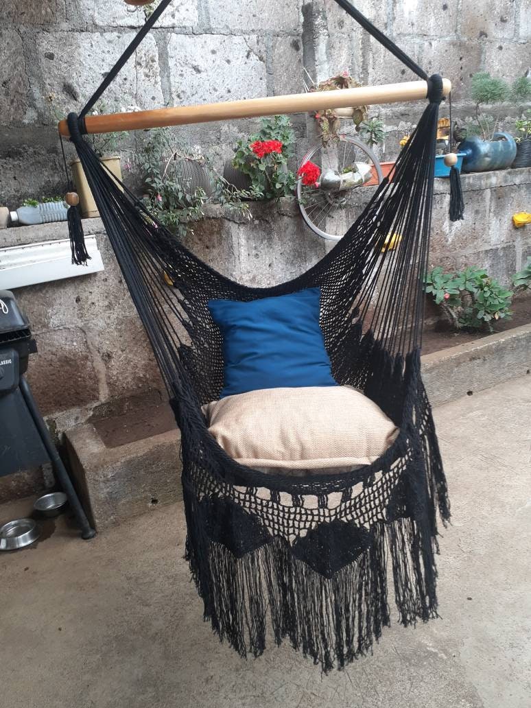 Shredded Black Hanging Chair - Natural Cotton | Columpiame