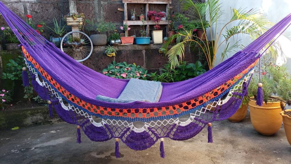 Violet, Orange and White Hammock with Special Fringes Without Wood - Natural Cotton | Columpiame