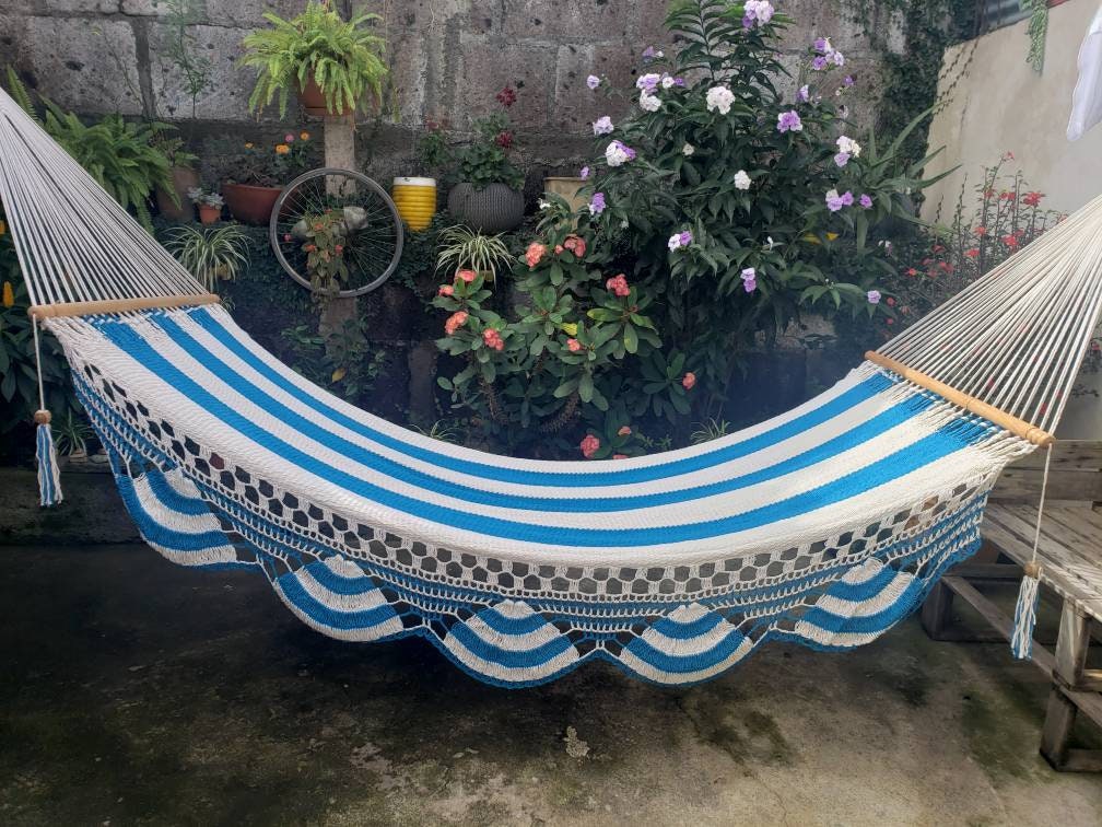 White Hammock with Turquoise Stripes - Natural Cotton & Wood | Columpiame