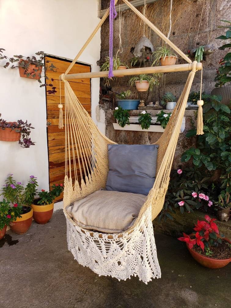 Khaki and White Hanging Chair - Natural Cotton | Columpiame