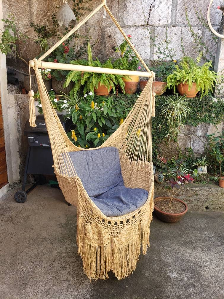 Shredded Khaki Hanging Chair - Natural Cotton | Columpiame