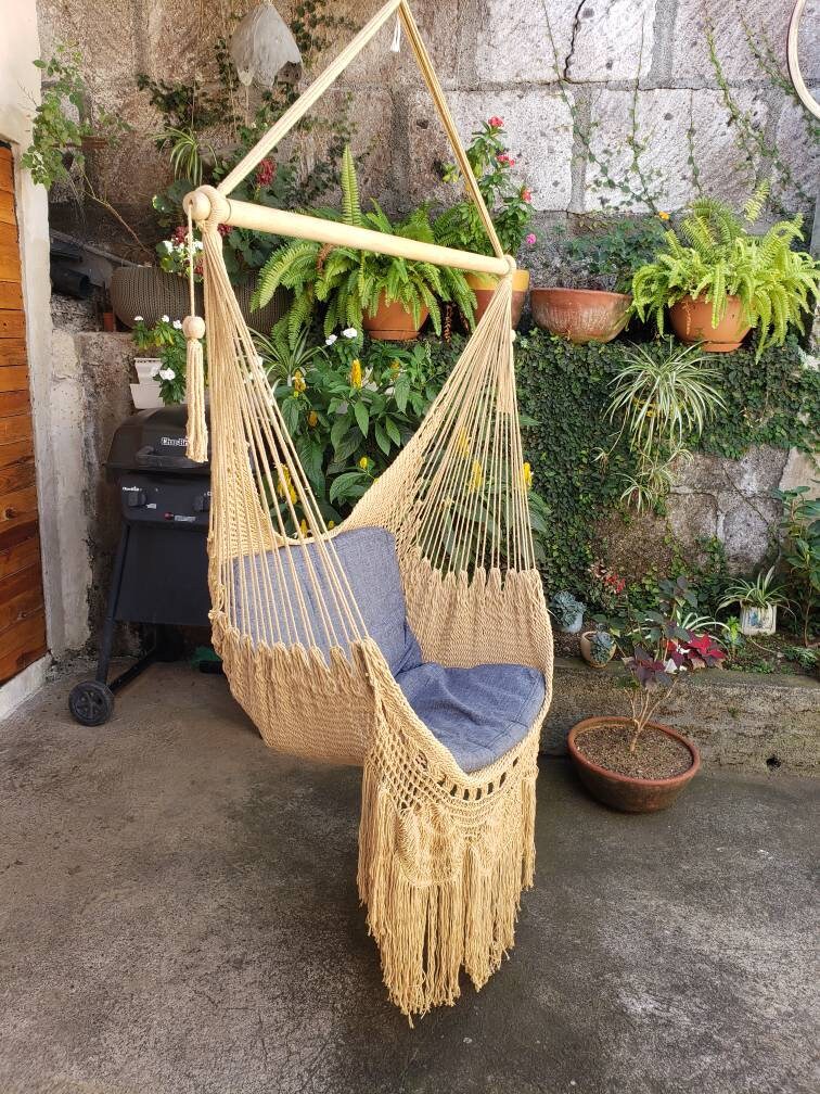 Shredded Khaki Hanging Chair - Natural Cotton | Columpiame