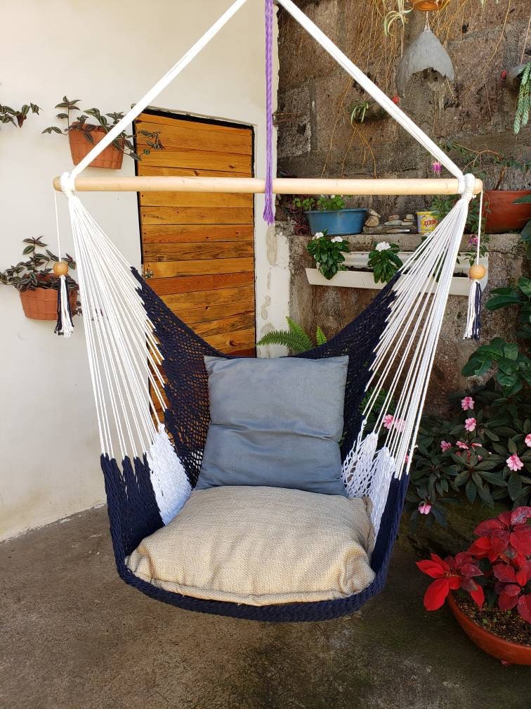White and Blue Hanging Chair Easy to Transport - Natural Cotton | Columpiame