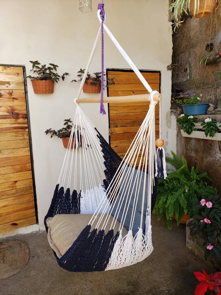 White and Blue Hanging Chair Easy to Transport - Natural Cotton | Columpiame