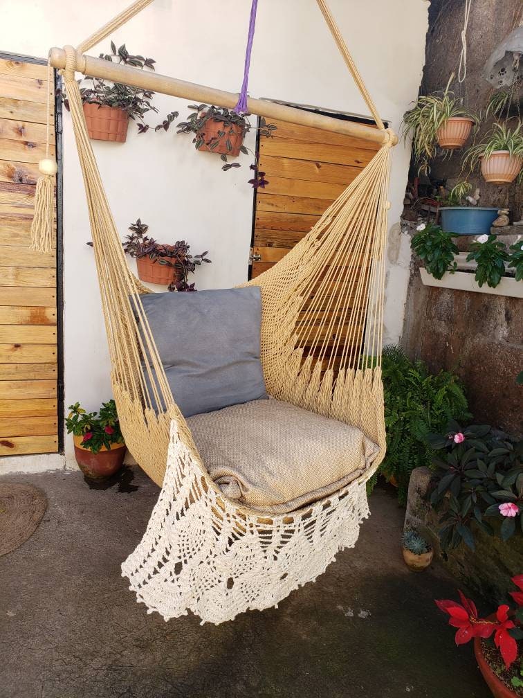 Khaki and White Hanging Chair - Natural Cotton | Columpiame