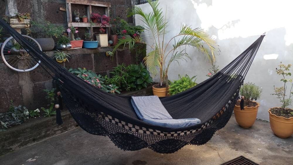 Black Hammock with Special Fringes Without Wood - Natural Cotton | Columpiame