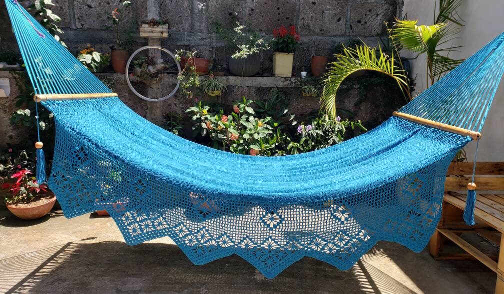 Pretty Blue Hammock with Macrame - 100% Natural Cotton | Columpiame