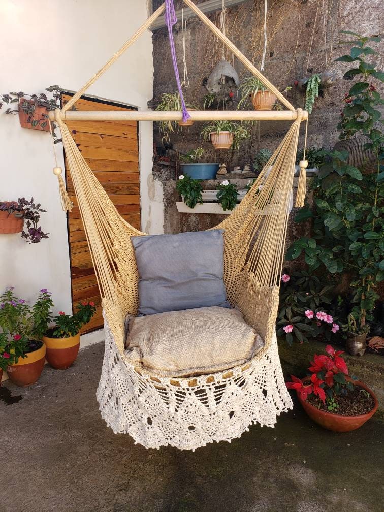 Khaki and White Hanging Chair - Natural Cotton | Columpiame