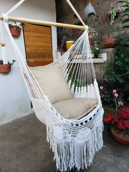 Shredded Beige Hanging Chair - Natural Cotton & Wood | Columpiame