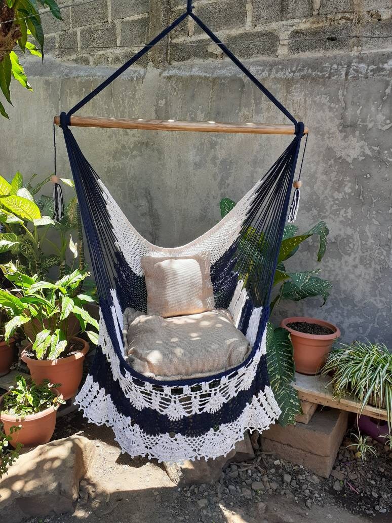 White and Blue Hanging Chair - 100% Natural Cotton | Columpiame