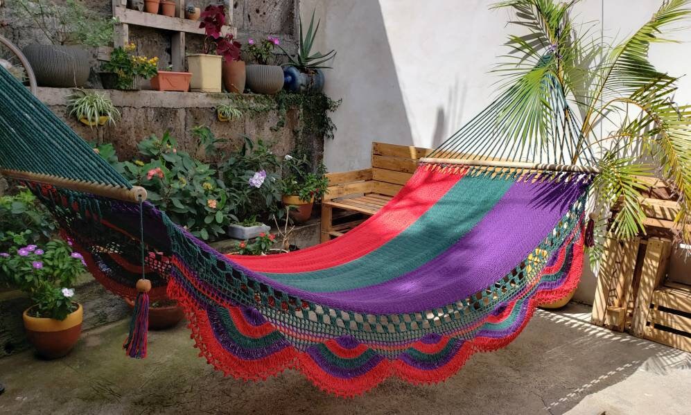 Beautiful Red, Green and Purple Hammock - Natural Cotton | Columpiame