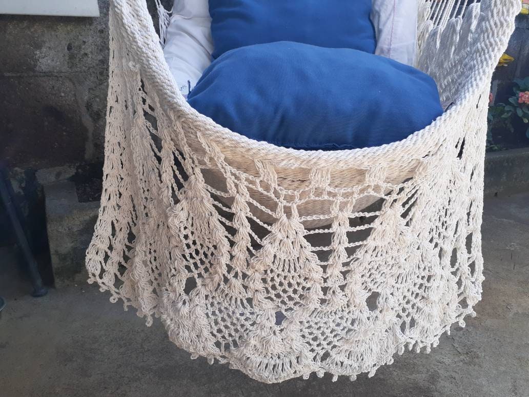 Beige Hanging Chair with Presidential Fringes - Natural Cotton & Wood | Columpiame