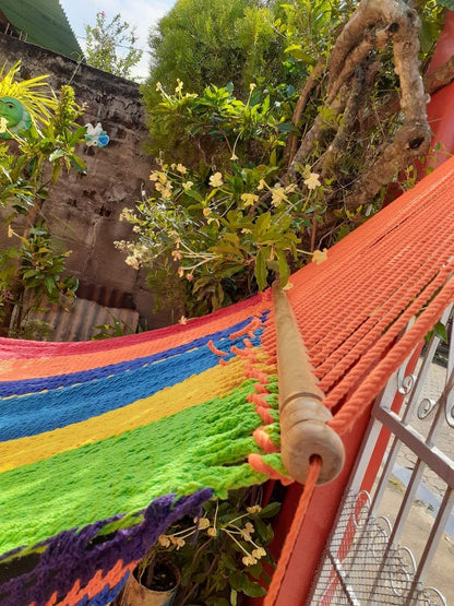 Multicolor Hammock with Boho Fringes - Natural Cotton & Wood | Columpiame