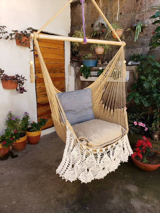 Khaki and White Hanging Chair - Natural Cotton | Columpiame