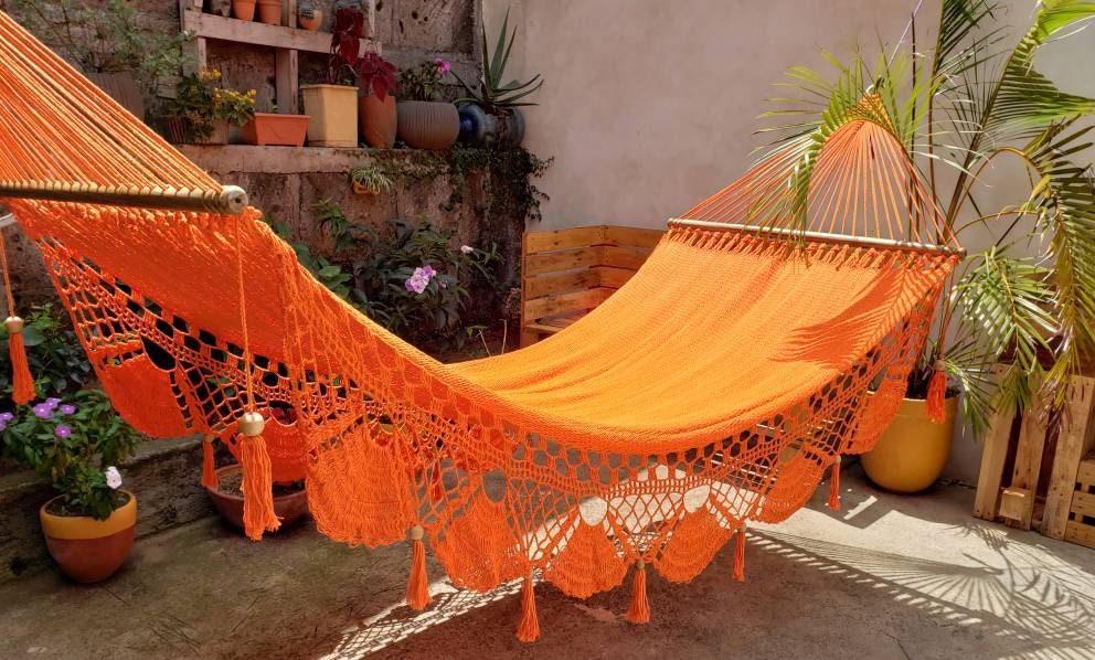 Orange Hammock with Wood - 100% Natural Cotton | Columpiame