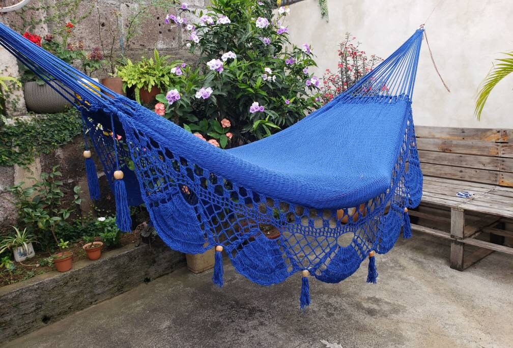 Blue Hammock Without Wood with Special Fringes - Natural Cotton | Columpiame