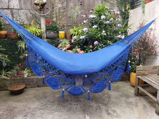 Blue Hammock Without Wood with Special Fringes - Natural Cotton | Columpiame