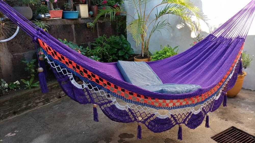 Violet, Orange and White Hammock with Special Fringes Without Wood - Natural Cotton | Columpiame