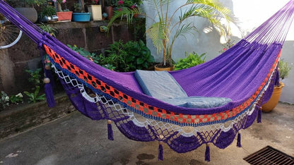 Violet, Orange and White Hammock with Special Fringes Without Wood - Natural Cotton | Columpiame
