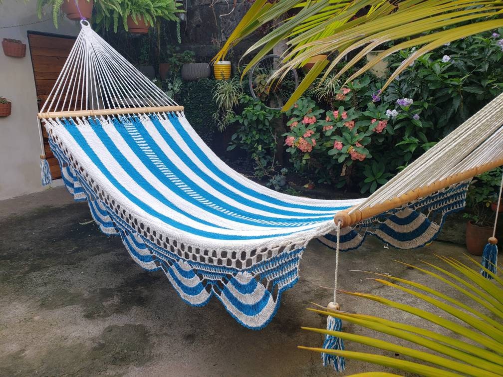 White and Turquoise Hammock - Natural Cotton & Wood | Columpiame