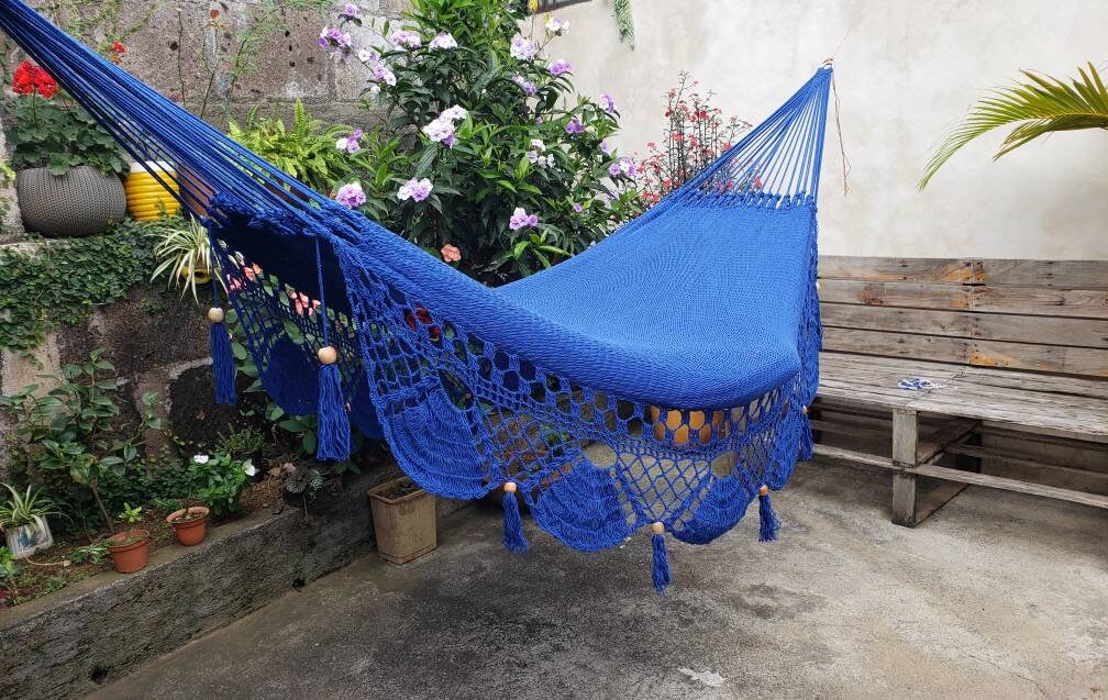Blue Hammock Without Wood with Special Fringes - Natural Cotton | Columpiame