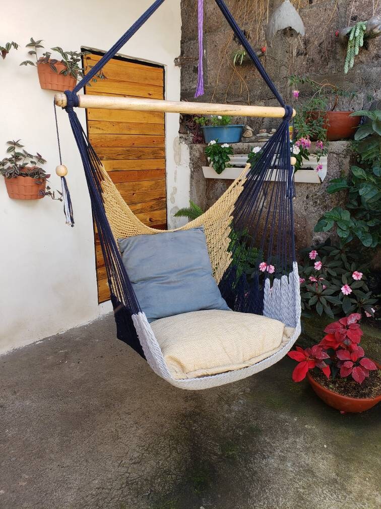 Khaki, Gray and Blue Hanging Chair - Natural Cotton | Columpiame