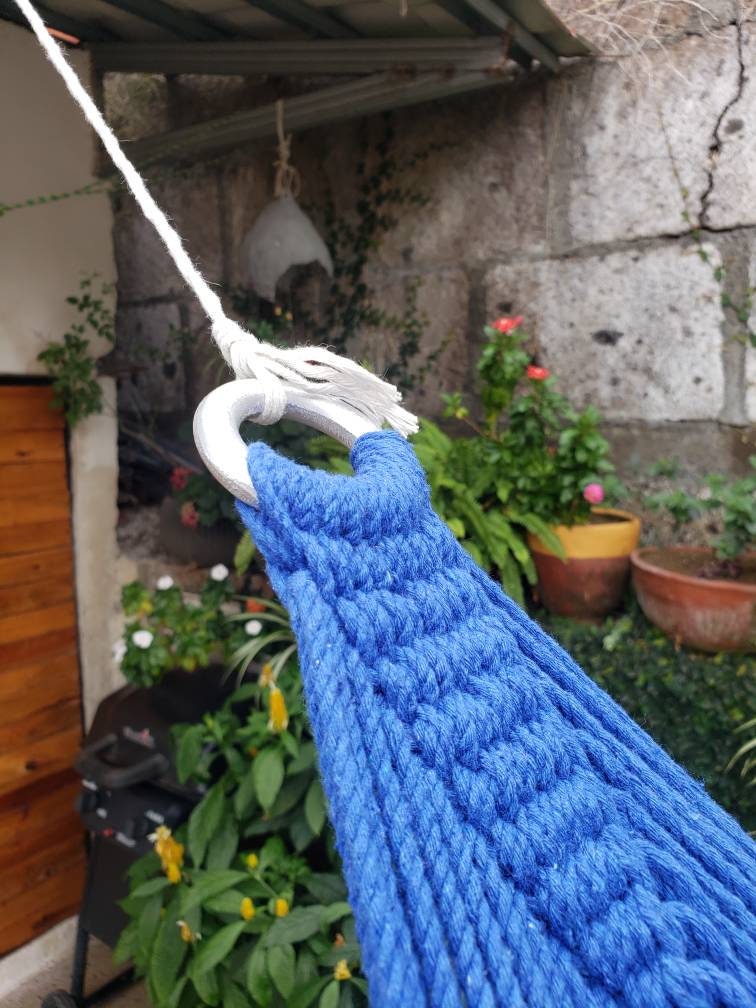 Blue Hammock Without Wood with Special Fringes - Natural Cotton | Columpiame