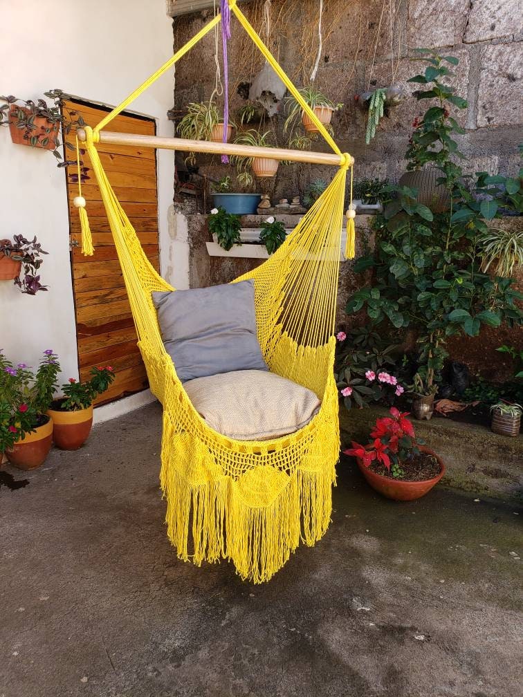 Cute Yellow Macrame Hanging Chair - Natural Cotton | Columpiame