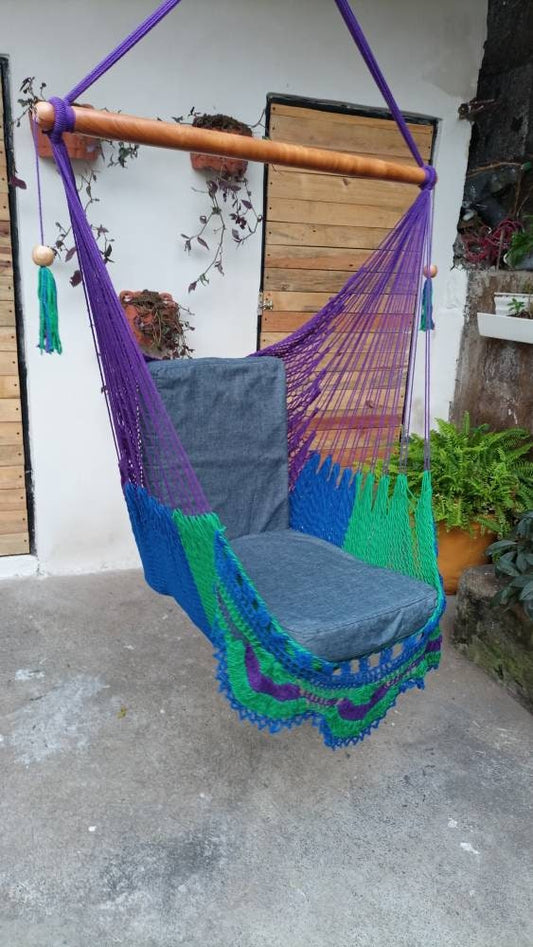 Green, Purple and Blue Hanging Chair - Natural Cotton | Columpiame