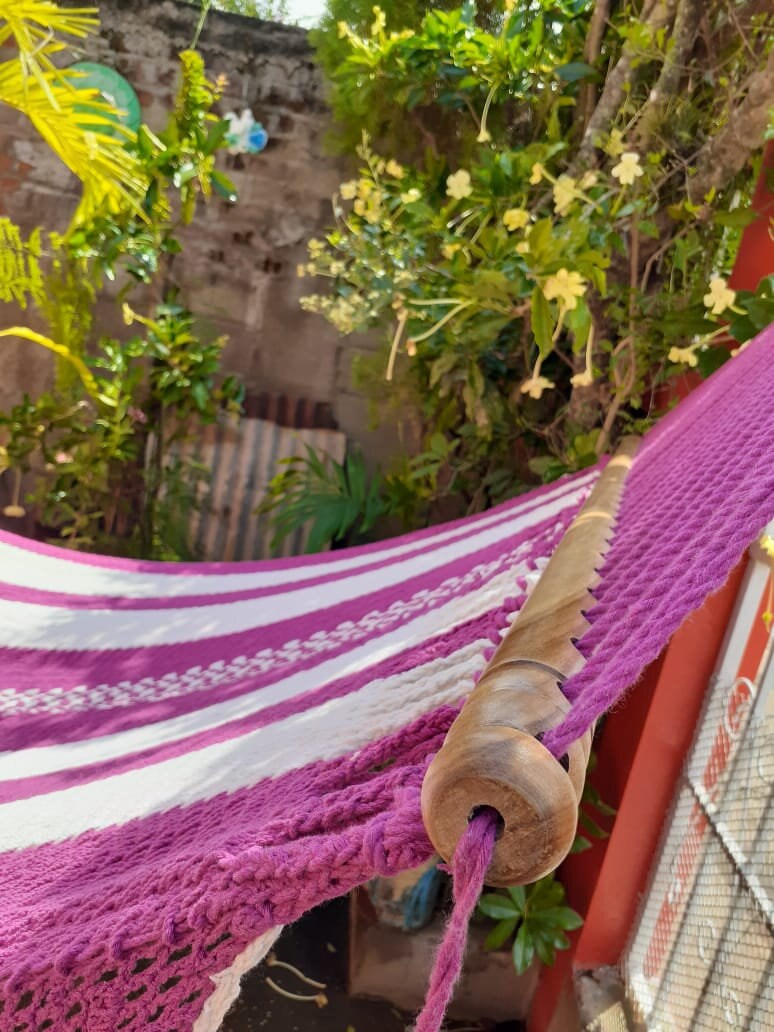Pink and White Hammock with Flowers Design - Natural Cotton | Columpiame