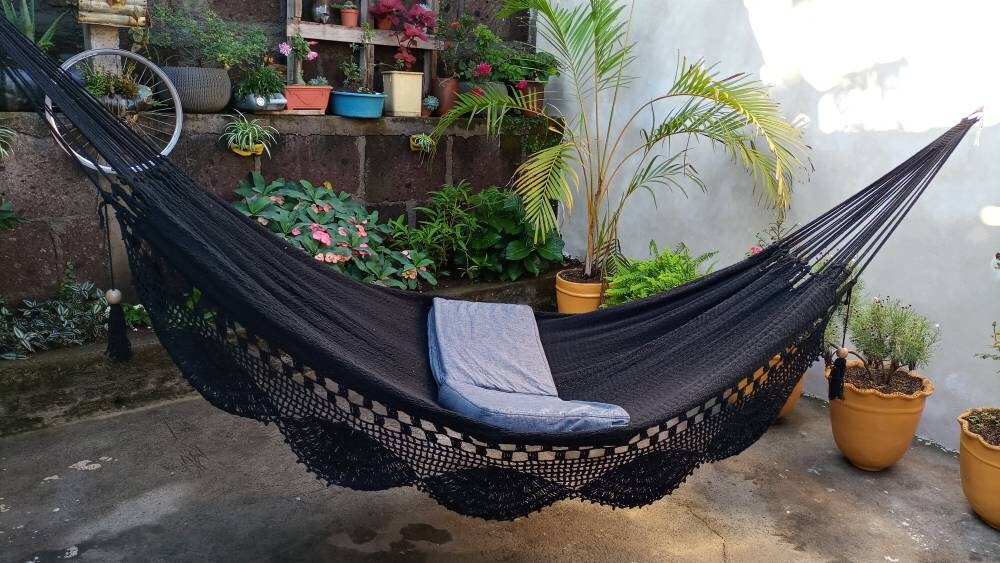 Black Hammock with Special Fringes Without Wood - Natural Cotton | Columpiame