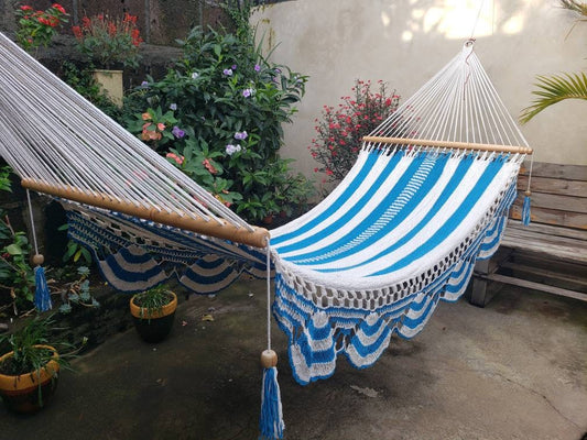 White and Turquoise Hammock - Natural Cotton & Wood | Columpiame