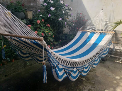 White Hammock with Turquoise Stripes - Natural Cotton & Wood | Columpiame