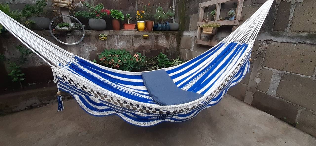 White and Blue Hammock Without Wood - Portable Natural Cotton | Columpiame