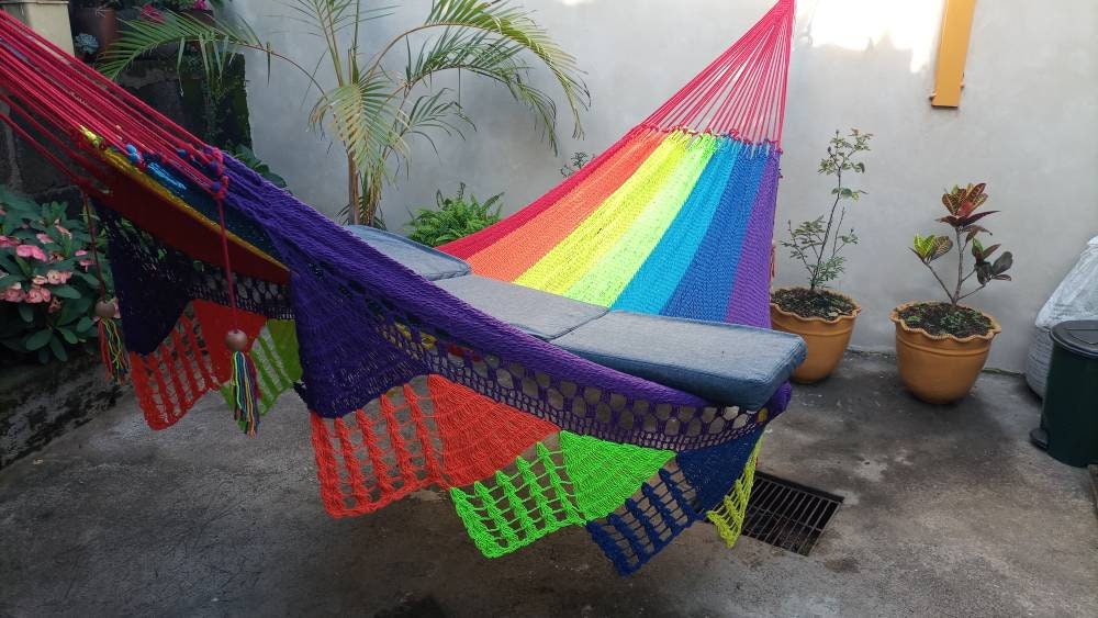 Rainbow Hammock Without Wood - Natural Cotton with Fringes | Columpiame