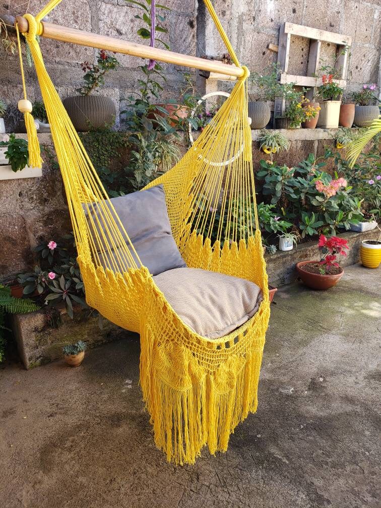 Cute Yellow Macrame Hanging Chair - Natural Cotton | Columpiame