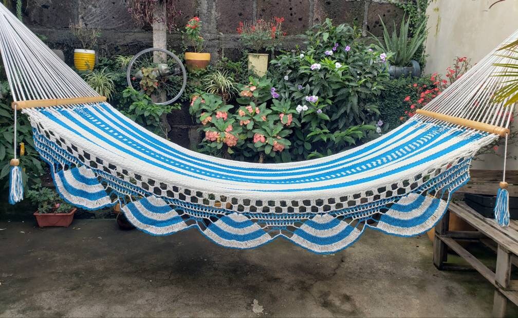 White and Turquoise Hammock - Natural Cotton & Wood | Columpiame
