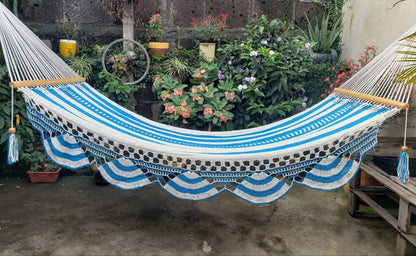 White and Turquoise Hammock - Natural Cotton & Wood | Columpiame