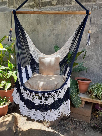White and Blue Hanging Chair - 100% Natural Cotton | Columpiame