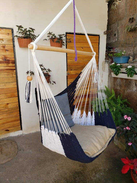 White and Blue Hanging Chair Easy to Transport - Natural Cotton | Columpiame