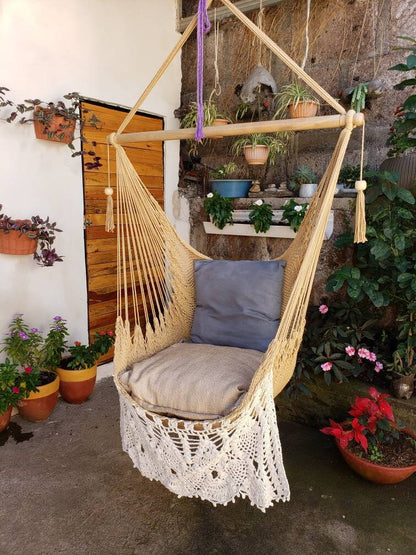 Khaki and White Hanging Chair - Natural Cotton | Columpiame