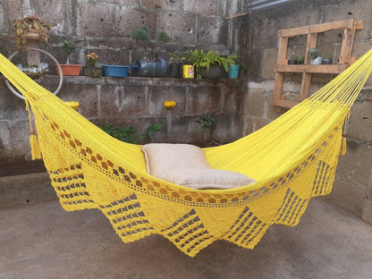 Yellow Hammock with Triangle Fringes Without Wood - Natural Cotton | Columpiame