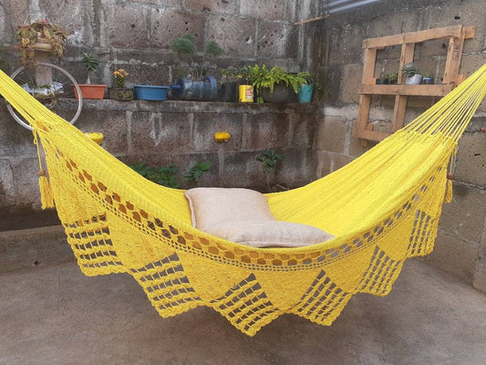 Yellow Hammock with Triangle Fringes Without Wood - Natural Cotton | Columpiame