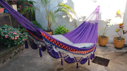 Violet, Orange and White Hammock with Special Fringes Without Wood - Natural Cotton | Columpiame