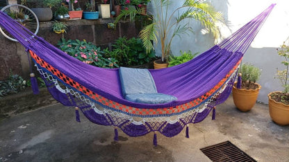 Violet, Orange and White Hammock with Special Fringes Without Wood - Natural Cotton | Columpiame