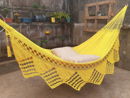 Yellow Hammock with Triangle Fringes Without Wood - Natural Cotton | Columpiame