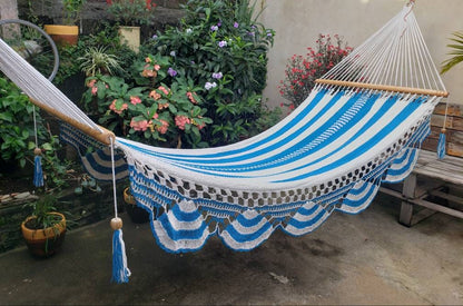 White and Turquoise Hammock - Natural Cotton & Wood | Columpiame
