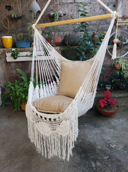 Shredded Beige Hanging Chair - Natural Cotton & Wood | Columpiame