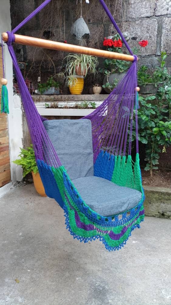 Green, Purple and Blue Hanging Chair - Natural Cotton | Columpiame