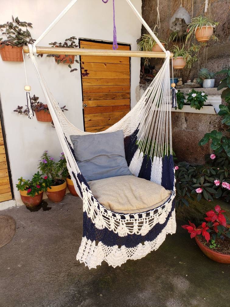 Blue and White Hanging Chair - Natural Cotton & Wood | Columpiame